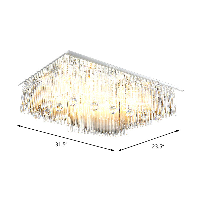 Rectangle Ceiling Light Modern Crystal Rod 16 Heads Nickel Flush Mount Light for Bedroom