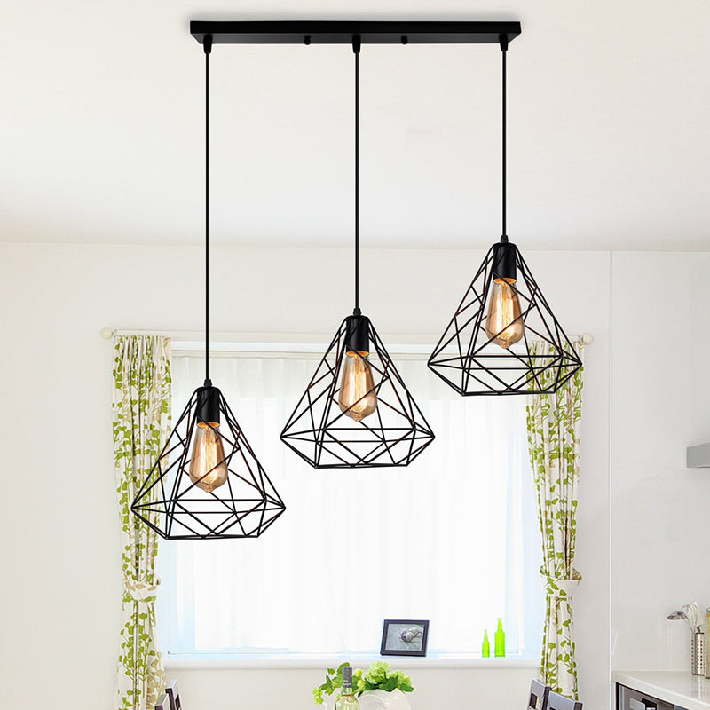 Black Diamond Ceiling Chandelier Vintage Metal 3 Lights Dining Room Pendant Lighting with Round/Linear Canopy