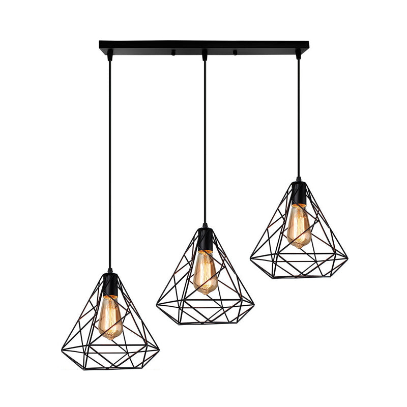 Black Diamond Ceiling Chandelier Vintage Metal 3 Lights Dining Room Pendant Lighting with Round/Linear Canopy