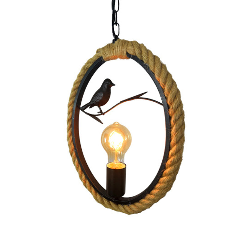 1 Light Round/Rhombus/Square Pendant Lighting Black Rope Hanging Light Fixture for Living Room with Bird Deco