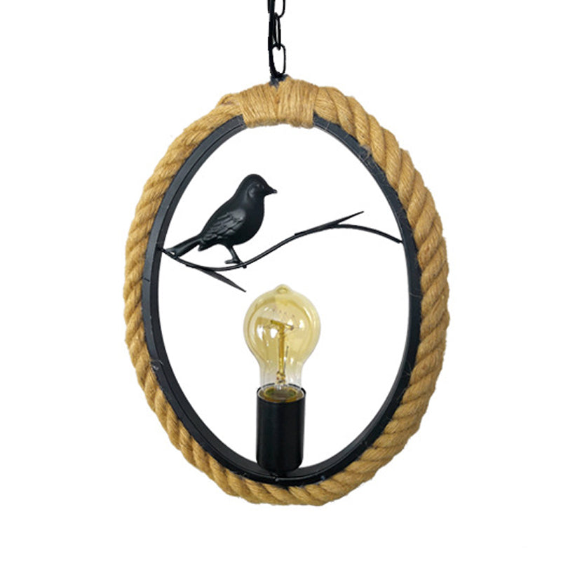 1 Light Round/Rhombus/Square Pendant Lighting Black Rope Hanging Light Fixture for Living Room with Bird Deco