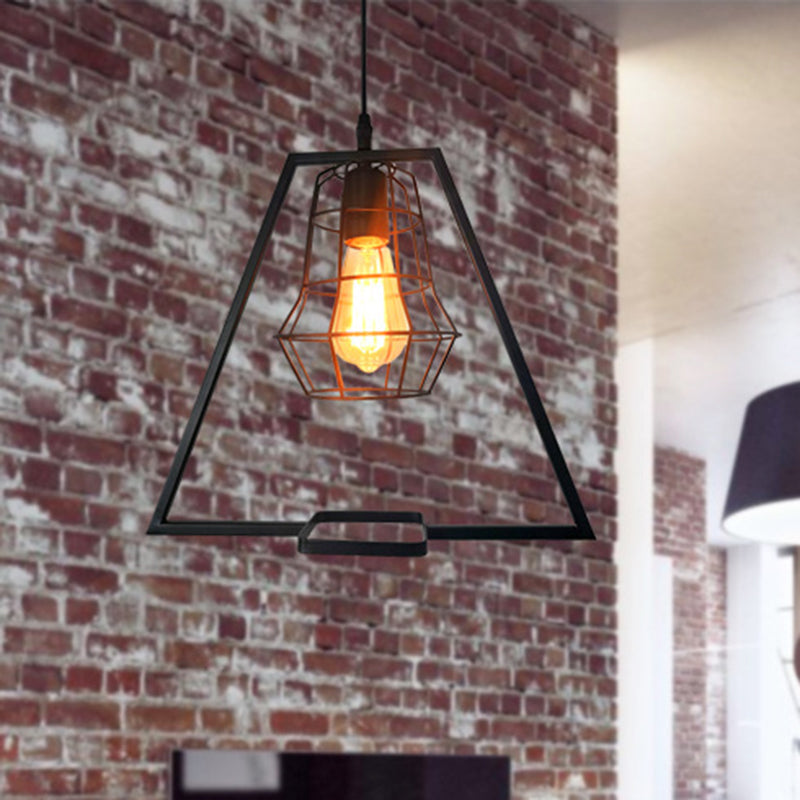 Trapezoid Living Room Pendant Lighting Vintage Metal 1 Light Black Ceiling Fixture with Cage