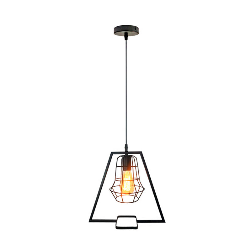 Trapezoid Living Room Pendant Lighting Vintage Metal 1 Light Black Ceiling Fixture with Cage