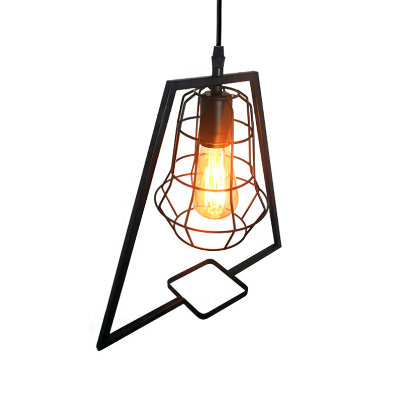 Trapezoid Living Room Pendant Lighting Vintage Metal 1 Light Black Ceiling Fixture with Cage