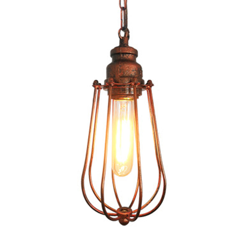 1 Light Bedroom Ceiling Fixture Vintage Black/Rust Pendant Lamp with Caged Metal Shade