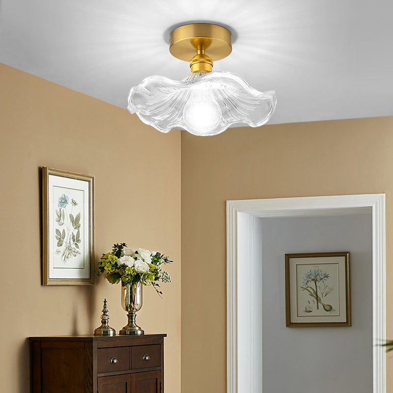 Nordic Floral Ceiling Mounted Fixture Glass Aisle Semi Flush Mount Lighting in Gold