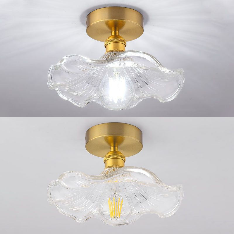 Nordic Floral Ceiling Mounted Fixture Glass Aisle Semi Flush Mount Lighting in Gold