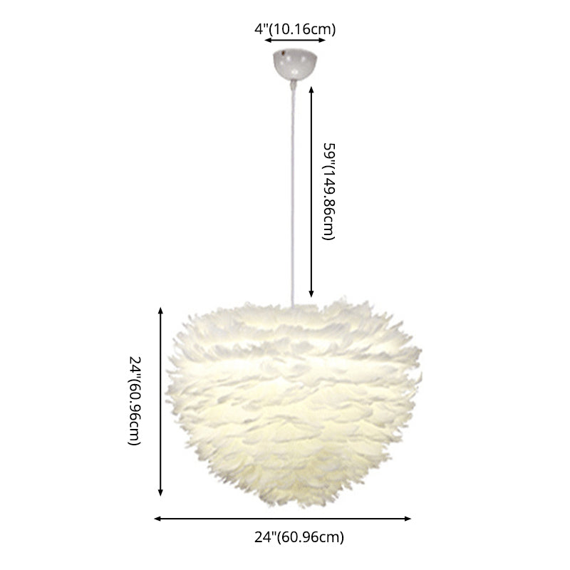 White Feather Pendant Light in Modern Luxury Style Wrought Iron Sphere Chandelier for Bedroom