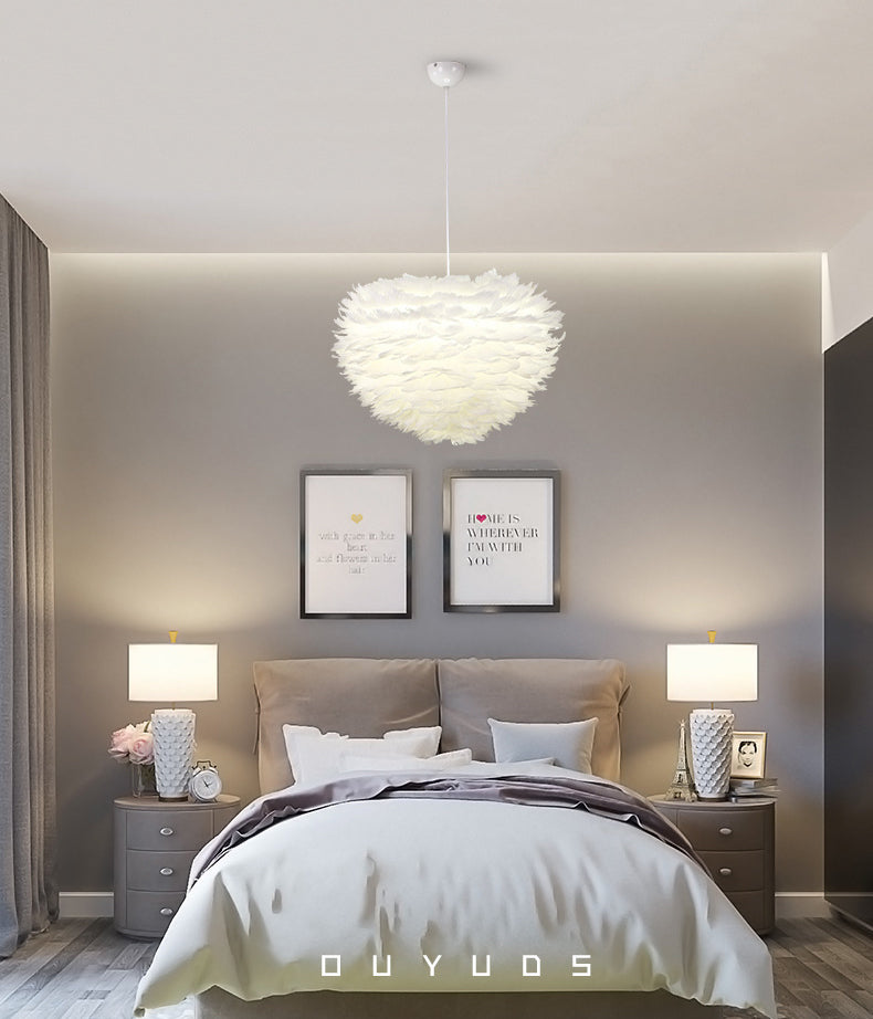 White Feather Pendant Light in Modern Luxury Style Wrought Iron Sphere Chandelier for Bedroom