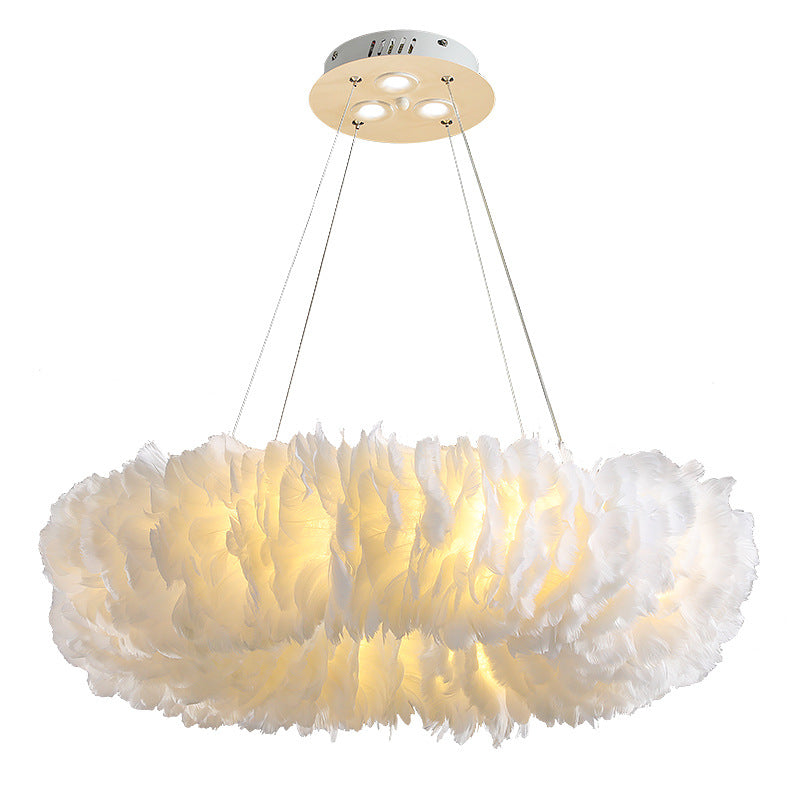 White Circular Hanging Lamp in Modern Fashionable Style Wrought Iron Chandelier with Feather Shade