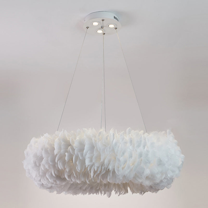 White Circular Hanging Lamp in Modern Fashionable Style Wrought Iron Chandelier with Feather Shade