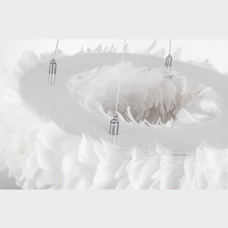 White Circular Hanging Lamp in Modern Fashionable Style Wrought Iron Chandelier with Feather Shade