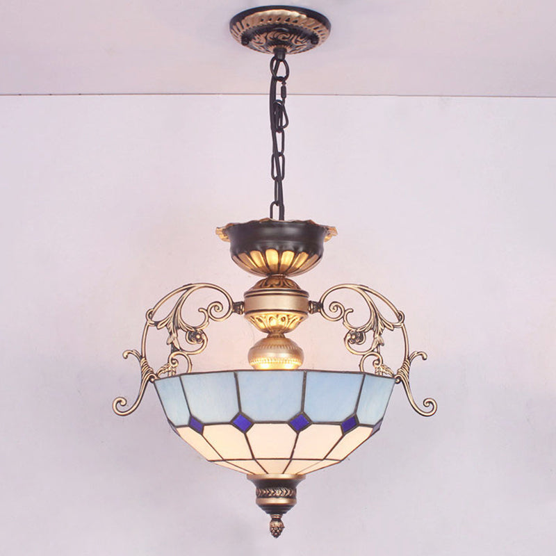 Hanging Pendant Light Mediterranean Stained Glass Inverted Dome Chandelier Light Fixture