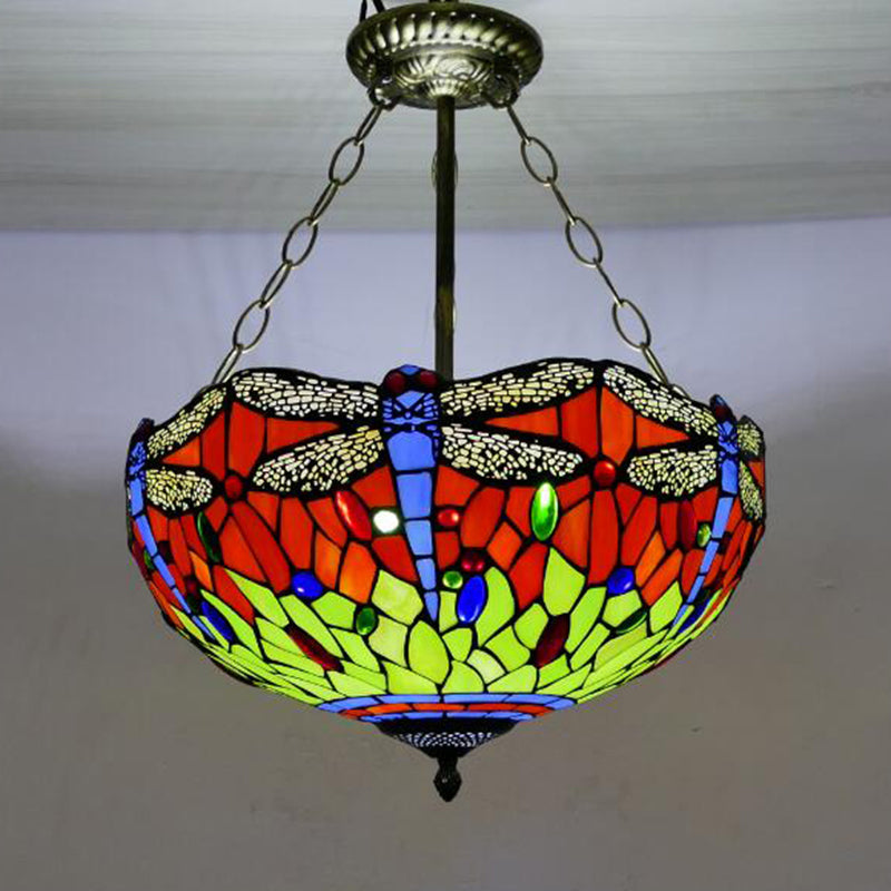 Chandelier Lighting Fixture Tiffany-Style Domed Stained Art Glass Hanging Chandelier