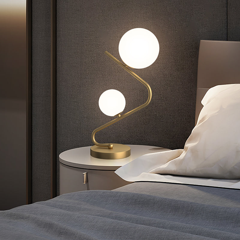 Curved Table Light Minimalist Opal Ball Glass 2-Bulb Brass Night Stand Lamp for Bedroom