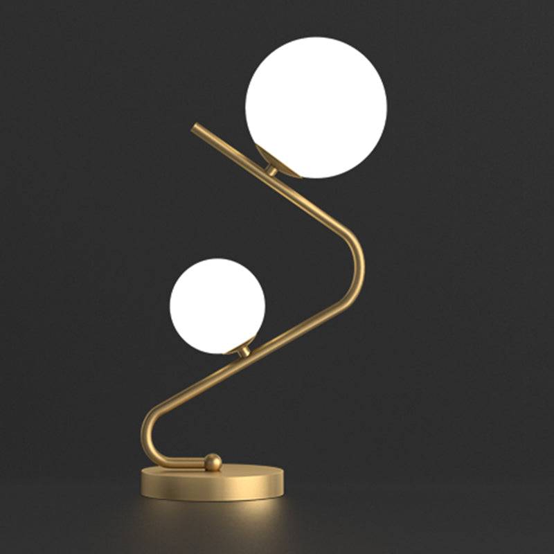 Curved Table Light Minimalist Opal Ball Glass 2-Bulb Brass Night Stand Lamp for Bedroom