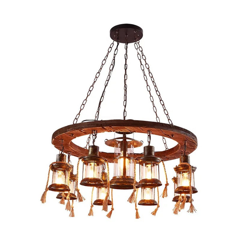 9 Lights Chandelier Lighting Lantern Rustic Brown Metal Pendant Light Fixture for Restaurant with Wood Ring Deco