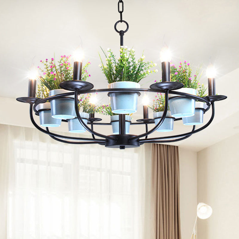 Metal Black Chandelier Light Candle 6/8 Lights Vintage Style Hanging Ceiling Fixture with Flowerpot Deco