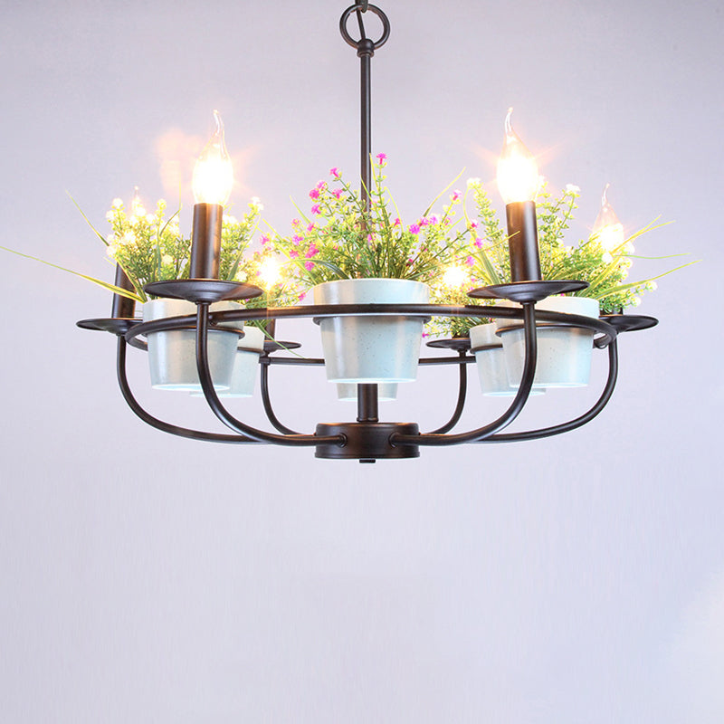 Metall Black Kronleuchter Hellkerker 6/8 Lichter Vintage -Stil Hänge Deckenleuchte mit Blumenpot -Deco