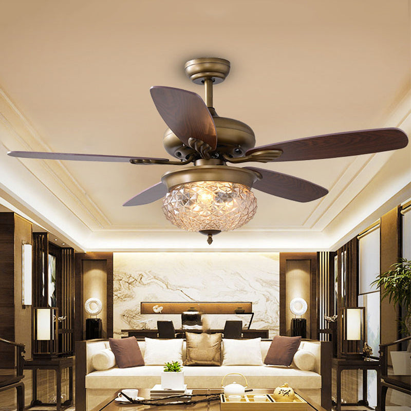 48"/52" W Antique Brass 3 Lights Ceiling Fan Lamp Classic Style Prismatic Glass Domed Semi Flush Mount Lighting