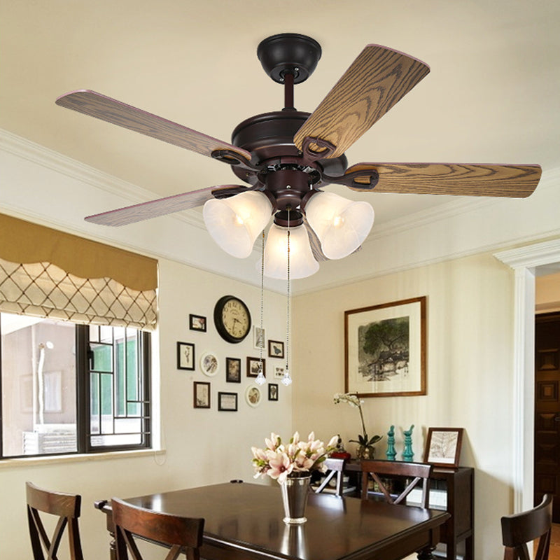 3 Lights Frosted Glass Ceiling Fan Light Traditional Black Bell Living Room Semi-Flush Mount