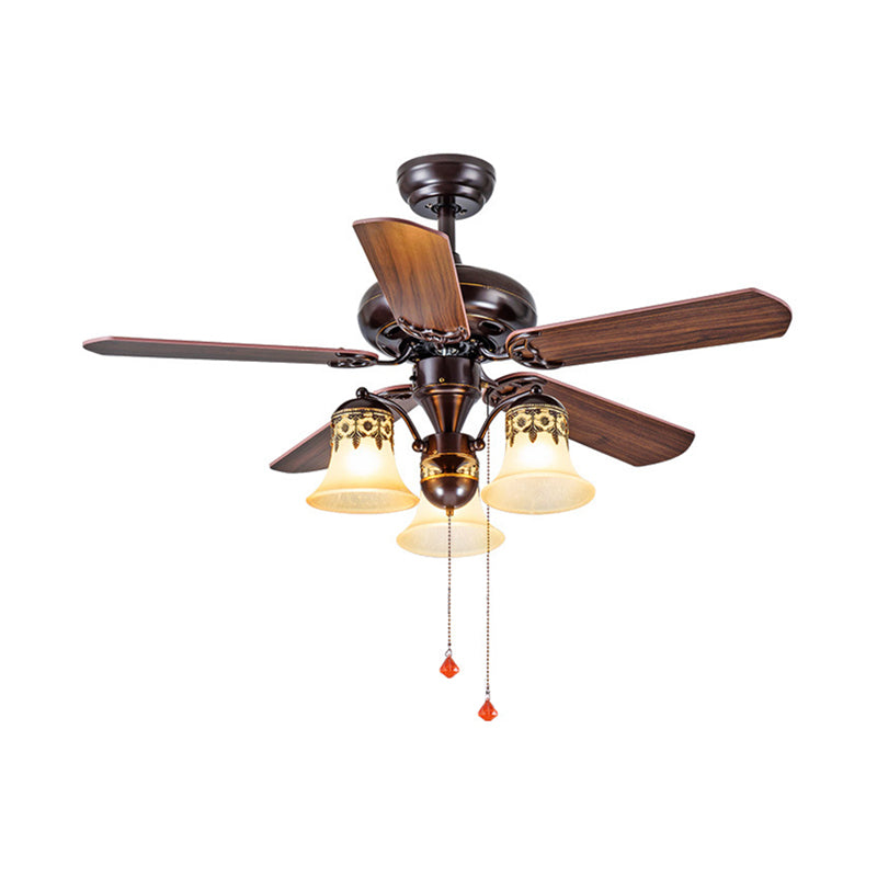 42.5"/52" W Dark Wood 3/5 Lights Ceiling Fan Light Classic Frosted Glass Bell Shade Semi-Flush Mount, Pull Chain/Remote Control