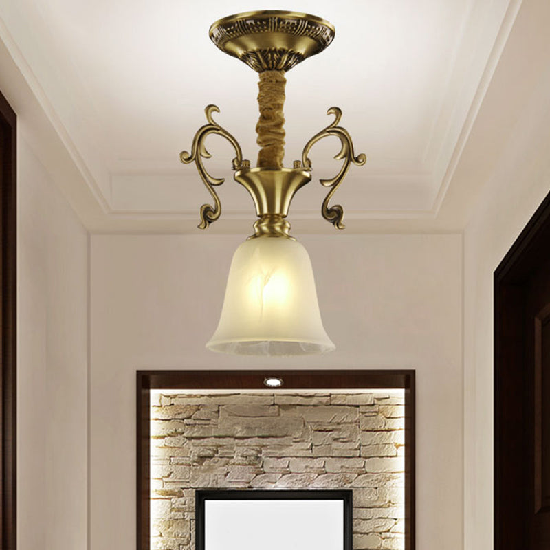 Messing 1 kop hangende verlichting koloniaal wit mat glazen kom/koepel/trapezoid plafond suspensie lamp voor veranda