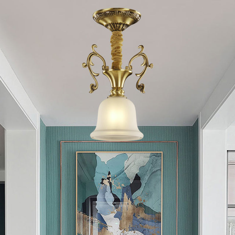 Laiton 1 tête suspendue suspendu colonial blanc givré bol en verre / dôme / plafond trapézoïde lampe à suspension pour le porche