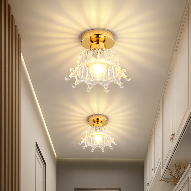 1-Light Gold Contemporary Flush Mount Flower Shade Glass Ceiling Light Fixture for Hallway