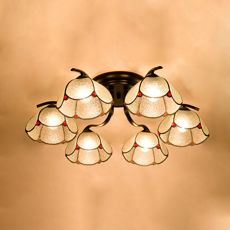 Stained Glass Scalloped Ceiling Fixture Mediterranean 3/6/7 Heads Black Semi Flush Mount Lighting