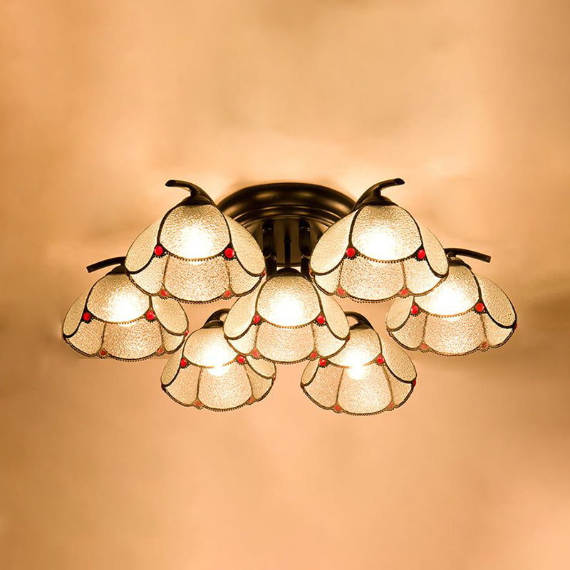 Stained Glass Scalloped Ceiling Fixture Mediterranean 3/6/7 Heads Black Semi Flush Mount Lighting