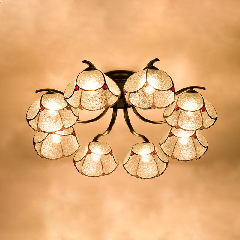 Stained Glass Scalloped Ceiling Fixture Mediterranean 3/6/7 Heads Black Semi Flush Mount Lighting