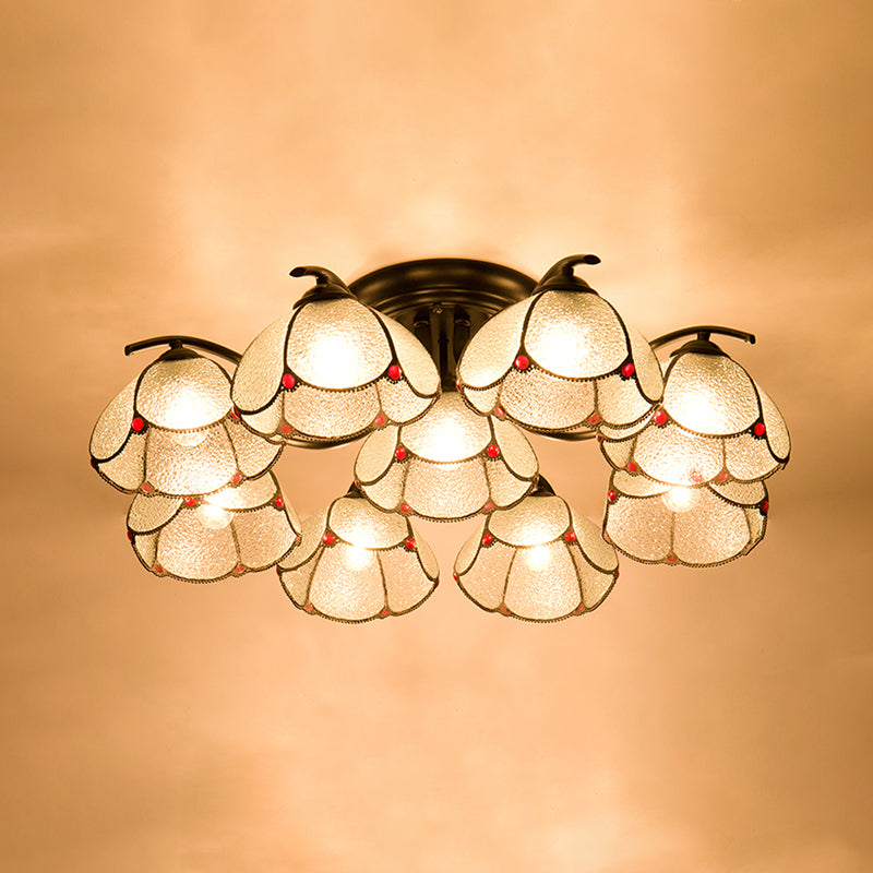 Stained Glass Scalloped Ceiling Fixture Mediterranean 3/6/7 Heads Black Semi Flush Mount Lighting