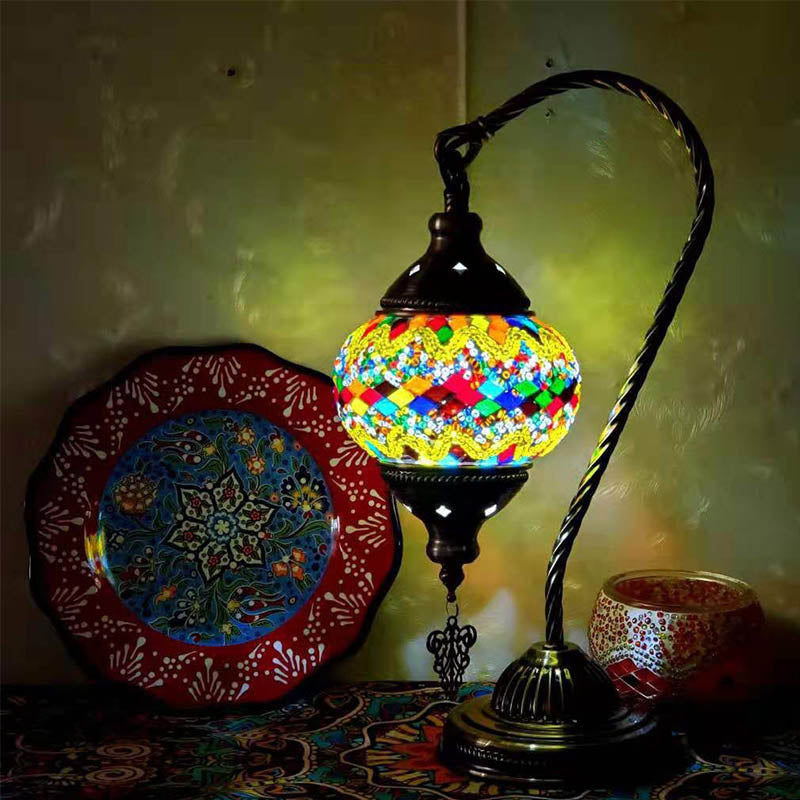 1 Bulb Gooseneck Table Light Moroccan Mosaic Stained Glass Night Light with Globe Shade