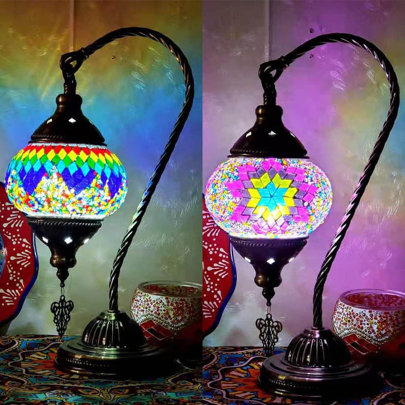 1 Bulb Gooseneck Table Light Moroccan Mosaic Stained Glass Night Light with Globe Shade