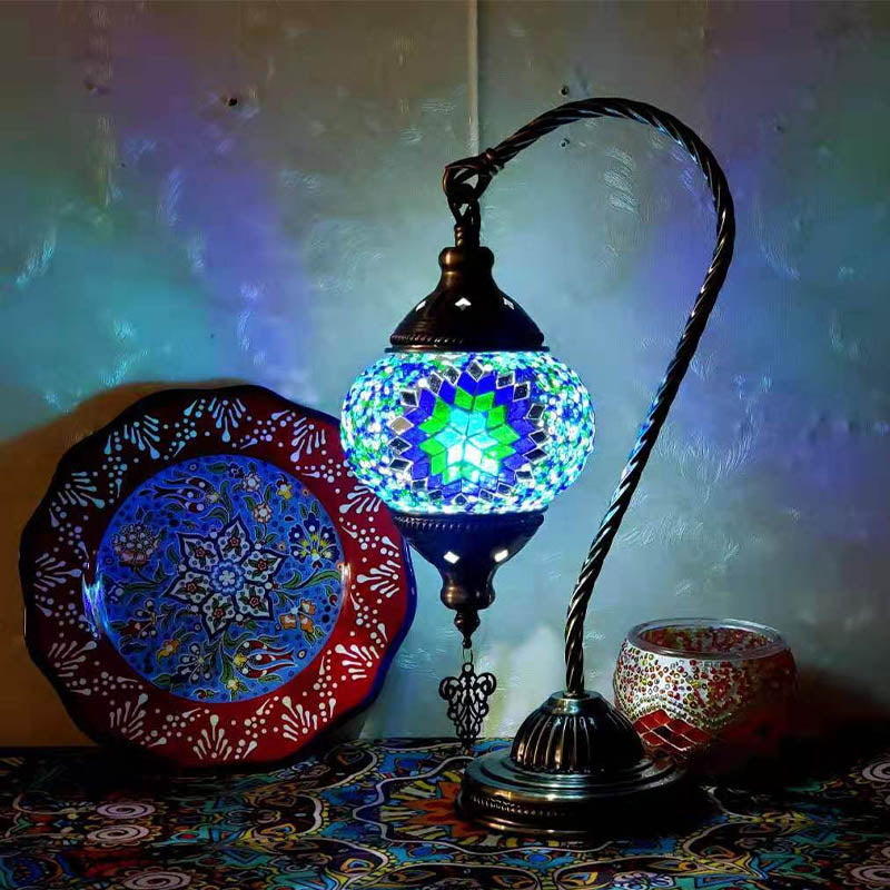 1 Bulb Gooseneck Table Light Moroccan Mosaic Stained Glass Night Light with Globe Shade