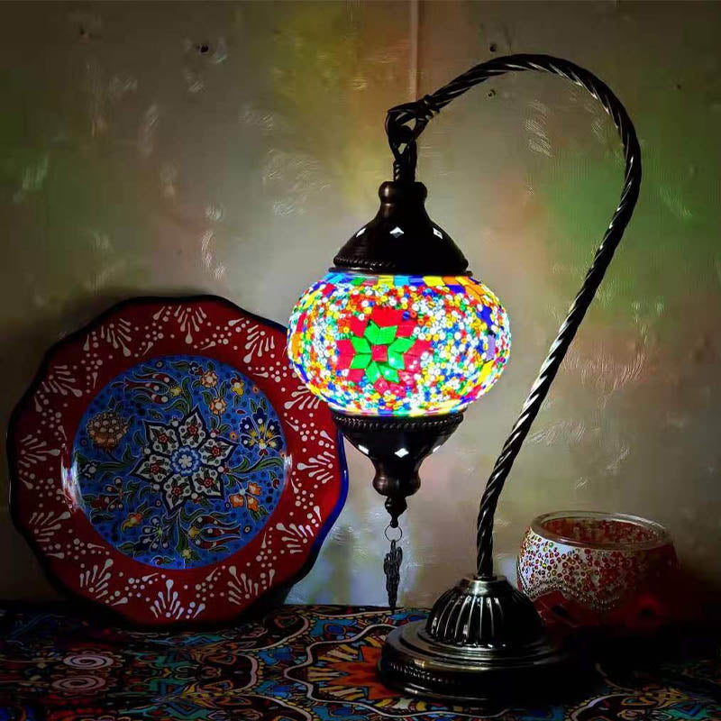 1 Bulb Gooseneck Table Light Moroccan Mosaic Stained Glass Night Light with Globe Shade