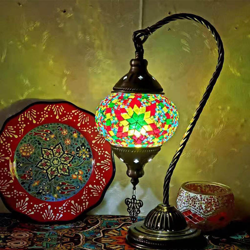 1 Bulb Gooseneck Table Light Moroccan Mosaic Stained Glass Night Light with Globe Shade