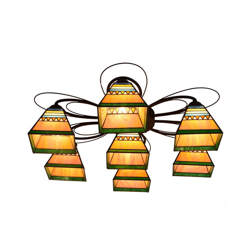 Orange Pyramid Ceiling Mounted Fixture Tiffany 3/7/8 Heads Handcrafted Art Glass Semi Flush Light