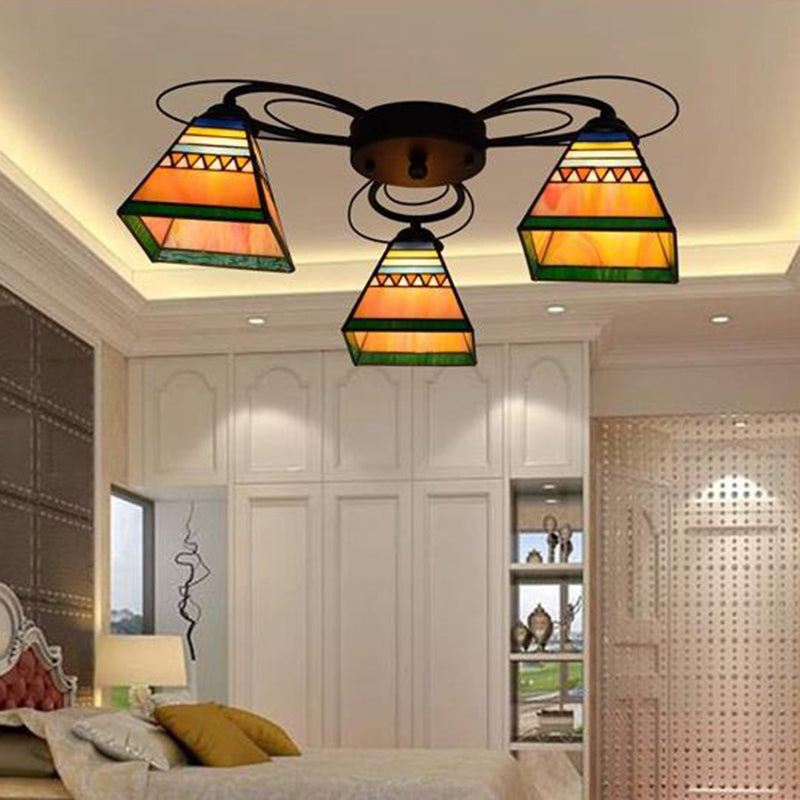 Orange Pyramid Ceiling Mounted Fixture Tiffany 3/7/8 Heads Handcrafted Art Glass Semi Flush Light