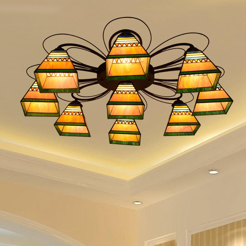 Orange Pyramid Ceiling Mounted Fixture Tiffany 3/7/8 Heads Handcrafted Art Glass Semi Flush Light