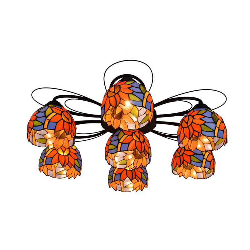 Bowl -gebrandschilderd glazen plafondarmatuur Tiffany 3/7/9 koppen rood/oranje/groene semi -flush mount lamp armatuur