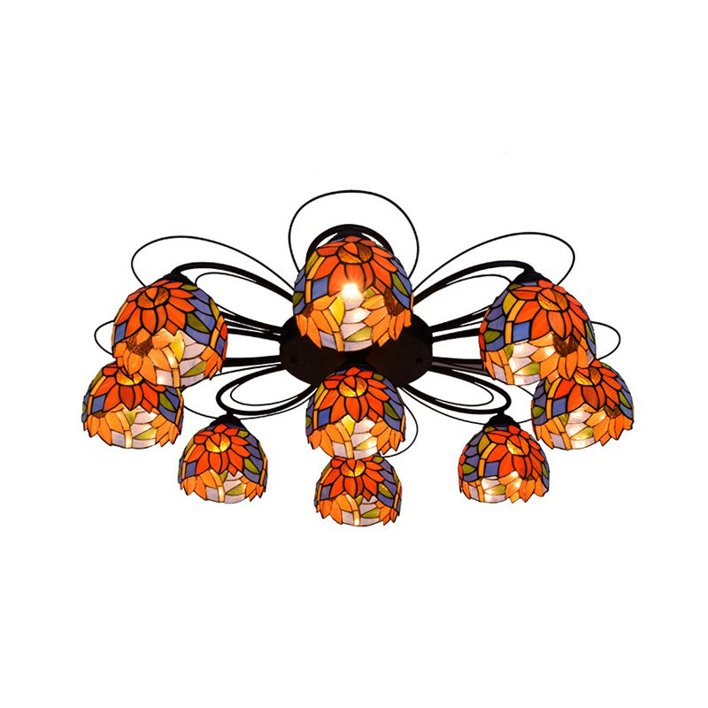 Bowl Stained Glass Ceiling Fixture Tiffany 3/7/9 Heads Red/Orange/Green Semi Flush Mount Light Fixture