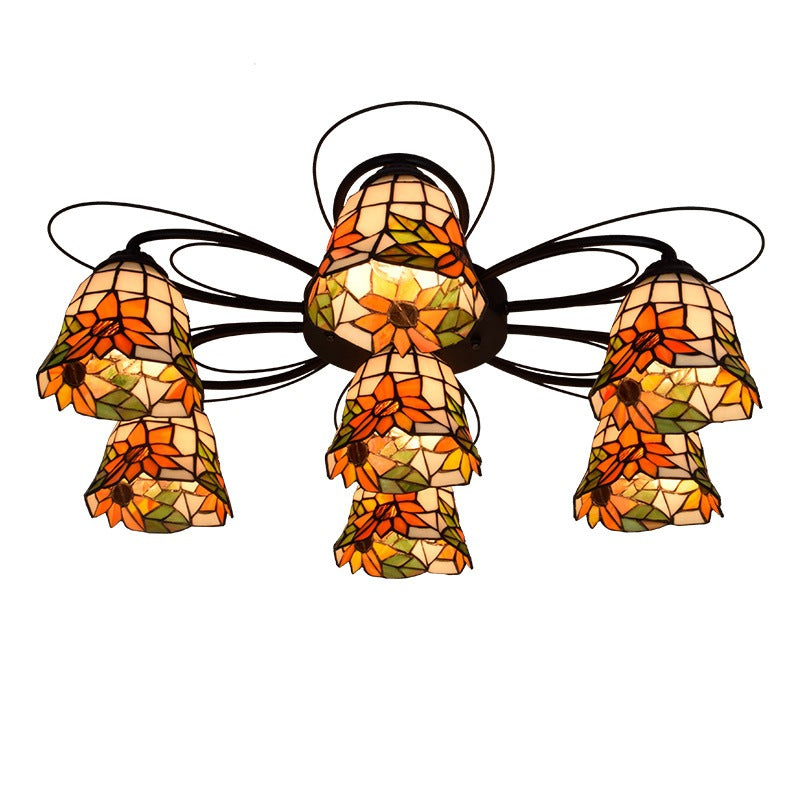 Bowl -gebrandschilderd glazen plafondarmatuur Tiffany 3/7/9 koppen rood/oranje/groene semi -flush mount lamp armatuur