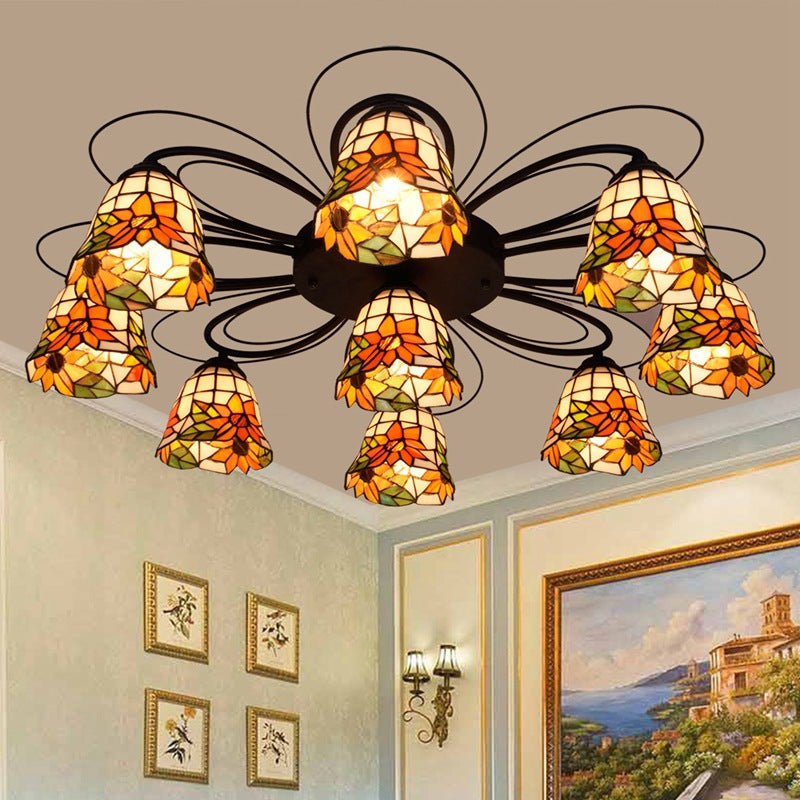 Bol Tachage de plafond vitrail Tiffany 3/7/9 Heads Red / Orange / Green Semi Flush Mount Lightture