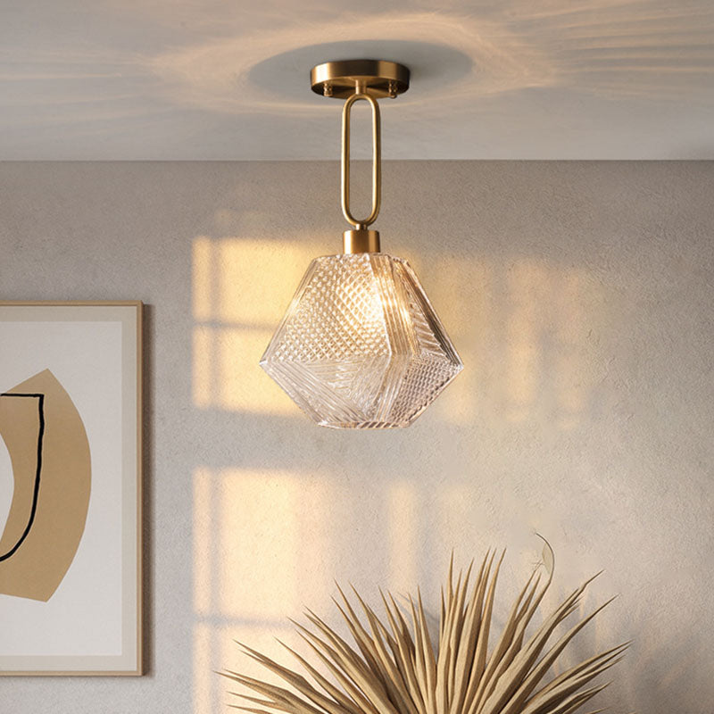 Gold Glass Ceiling Fixture in Modern Luxury Style Copper Rhombic Flush Mount for Interior Spaces