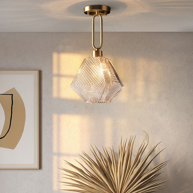 Gold Glass Ceiling Fixture in Modern Luxury Style Copper Rhombic Flush Mount for Interior Spaces