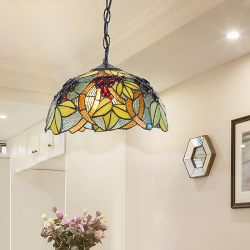 1 Light Kitchen Ceiling Pendant Tiffany Green/Blue Hanging Light with Domed Stained Glass Shade