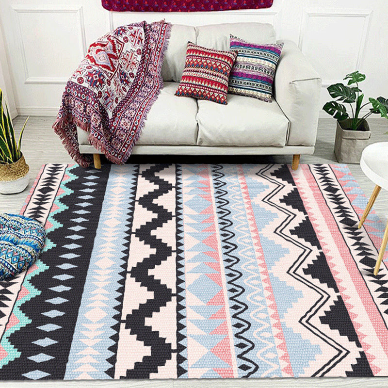 White Tone Living Room Carpet Retro Tribal Pattern Area Rug Polyester with Non-Slip Backing Rug