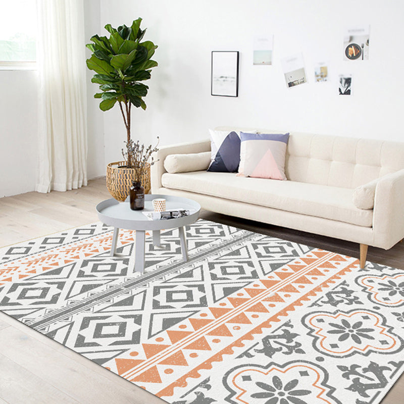 White Tone Living Room Carpet Retro Tribal Pattern Area Rug Polyester with Non-Slip Backing Rug